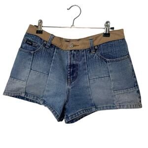 Stephen Hardy Squeeze Denim Shorts 9/10 Blue Jean Tan Waistband Retro Y2K